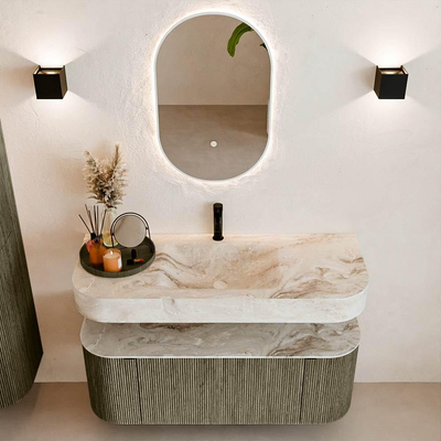 MONDIAZ THOR-DLUX 120cm meuble de salle de bains arrondi gauche + droite couleur Shadow avec 1 tiroir et 2 portes. Vasque suspendue CLOUD Milieu 1 trou de robinet couleur Frappe.