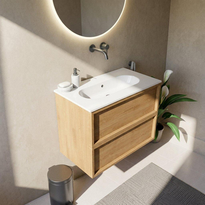 Saniclass Holz Frame Ensemble meuble de salle de bains - 80x45x73.9cm - lavabo Chaci en céramique blanc - 1 vasque - sans trou de robinet - 2 tiroirs - chêne natural mat (bois)