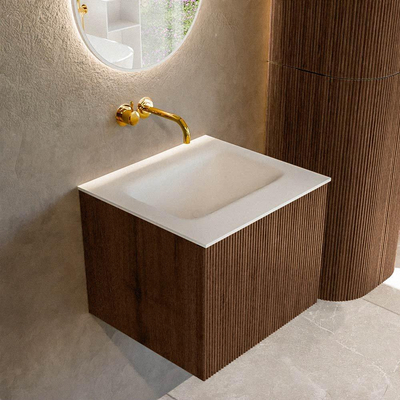MONDIAZ KURVE 50cm badmeubel kleur Walnut met 1 lade. Wastafel GRUNNE midden zonder kraangat Talc.