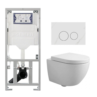 QeramiQ Dely Swirl Compact Toiletset - inbouwreservoir Geberit UP320 - met Burda frame - 25mm zitting - natuurstenen bedieningsplaat marmer wit - ronde knoppen - glans wit