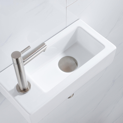 FugaFlow Eccelente Pietra Ensemble de fontaine - 37,5x18,5x9cm - céramique - trou de robinet à gauche - robinet de fontaine en inox brossé - bouchon de vidange - siphon abaissé - Blanc brillant