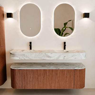 MONDIAZ THOR-DLUX 150cm meuble de salle de bains arrondi gauche + droite couleur Ruby avec 1 tiroir et 2 portes. Vasque suspendue CLOUD Double 2 trous de robinet couleur Glace.