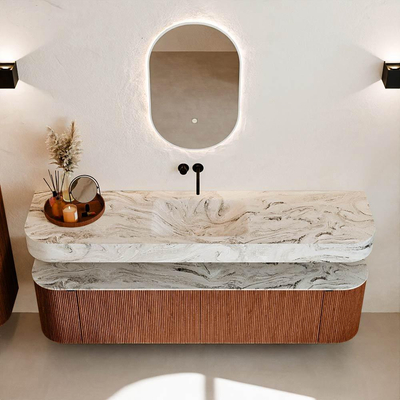 MONDIAZ THOR-DLUX 180cm meuble de salle de bains arrondi gauche + droite couleur Ruby avec 2 tiroirs et 2 portes. Vasque suspendue CLOUD Centre sans trou de robinet couleur Glace.