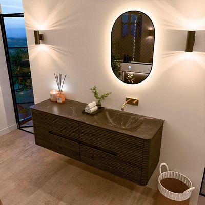 Mondiaz CIRO-DLUX Ensemble de meubles de salle de bains - 150x45x50cm - Vasque solid surface Lava - 1 lavabo à droite - sans trous de robinet - 4 tiroirs - Shadow