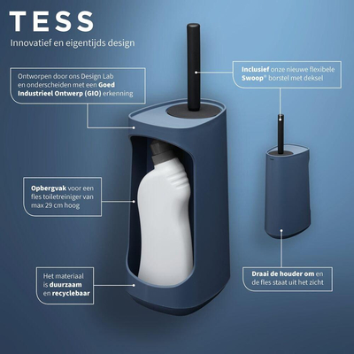 Tiger Tess Porte-brosse WC avec fonction de rangement autoportante et brosse flexible Swoop® Bleu Noir