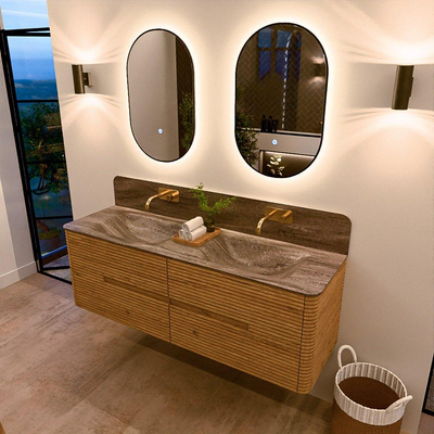 Mondiaz CIRO-DLUX Meuble de salle de bains - 150x45x50cm - lavabo en solid surface Oza - 2 vasques double - sans trous de robinetterie - 4 tiroirs - Chêne