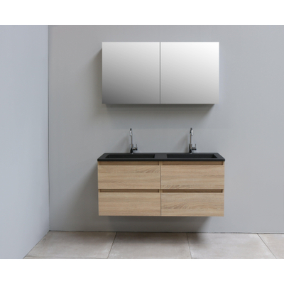 Basic Bella Meuble salle de bains avec lavabo acrylique Noir avec armoire toilette 2 portes gris 120x55x46cm 2 trous de robinet Chêne