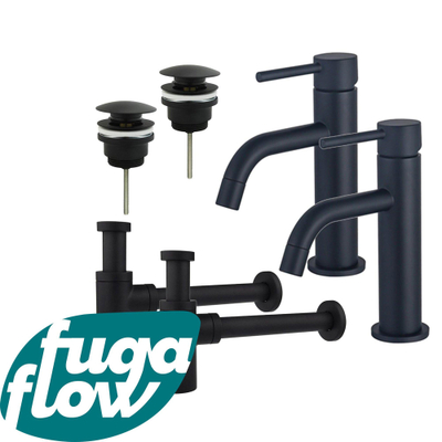 FortiFura Calvi Kit robinet lavabo - pour double vasque - robinet bas - bonde clic clac - siphon design - Noir mat
