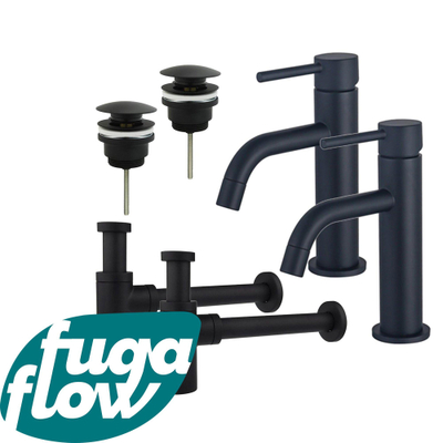 FugaFlow Eccelente Sobrado Slim Kit robinet lavabo - pour double vasque - robinet bas - bonde clic clac - siphon design - Noir mat