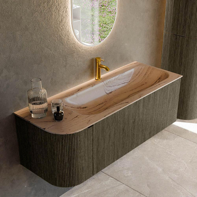 MONDIAZ KURVE-DLUX Meuble de salle de bains 125cm arrondi à gauche couleur Shadow avec 1 tiroir et 1 porte. Lavabo BIG MEDIUM à droite 1 trou de robinet Arena.