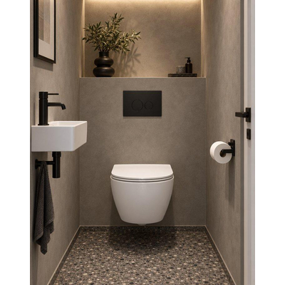 QeramiQ Dely Swirl Compact Toiletset - inbouwreservoir QeramiQ flush - slim zitting - kunststof bedieningsplaat mat zwart - ronde knoppen - glans wit