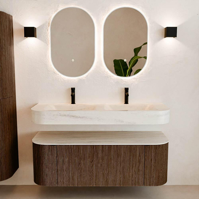 MONDIAZ THOR-DLUX 130cm meuble de salle de bains arrondi gauche + droite couleur Walnut avec 1 tiroir et 2 portes. Vasque suspendue CLOUD Double 2 trous de robinet couleur Meli.