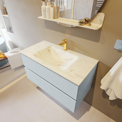 Mondiaz VICA-DLUX Ensemble de meuble de salle de bain - 90cm - meuble sous-vasque argile - 2 tiroirs - lavabo encastré nuage milieu - 1 trou de robinet - version haute 60cm - opalo