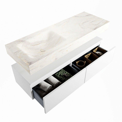 Mondiaz ALAN-DLUX Ensemble de meuble - 130cm - meuble Talc mat - 2 tiroirs - Lavabo Cloud Ostra suspendu - vasque Gauche - 1 trou de robinet