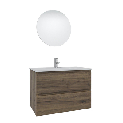 Adema Chaci Meuble salle de bain - 80x46x55cm - 1 vasque en céramique blanche- 1 trou de robinet - 2 tiroirs - miroir rond avec éclairage - Noyer