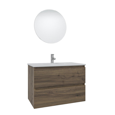 Saniclass Chaci Meuble de salle de bain - 80x46x55cm - lavabo en céramique blanc - 1 vasque - 1 trou de robinet - 2 tiroirs - ronde miroir avec éclairage - noyer (hout)