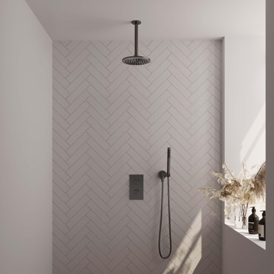 Brauer Gunmetal Edition Ensemble de douche de pluie encastré - pomme de tête 20cm - bras de plafond 20cm - 2 fonctions - partie encastrée incluse - douchette barre 1 jet - PVD - gunmetal brossé