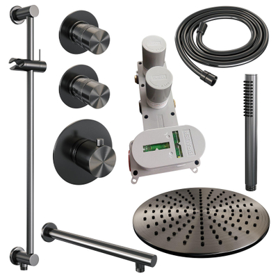 Brauer Gunmetal Edition Regendoucheset inbouw - hoofddouche 30cm - 3 gladde knoppen - rechte wandarm - glijstang - handdouche staaf 1 stand - PVD - geborsteld gunmetal