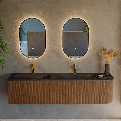 MONDIAZ KURVE 175cm Meuble salle de bain avec module 25 D - couleur Walnut - 2 tiroirs - 1 porte - vasque BIG SMALL double / gauche - 2 trous de robinet - Urban