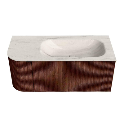 MONDIAZ KURVE-DLUX Meuble de salle de bains 105cm arrondi à gauche couleur Ruby avec 1 tiroir et 1 porte. Vasque BIG SMALL à droite 1 trou de robinet Meli.