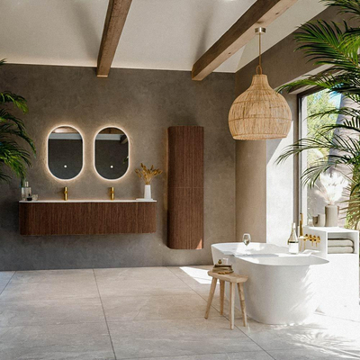 MONDIAZ KURVE 170cm Meuble salle de bain avec module 25 G et D - couleur Walnut - 1 tiroir - 2 portes - vasque CLOUD double - 2 trous de robinet - Talc