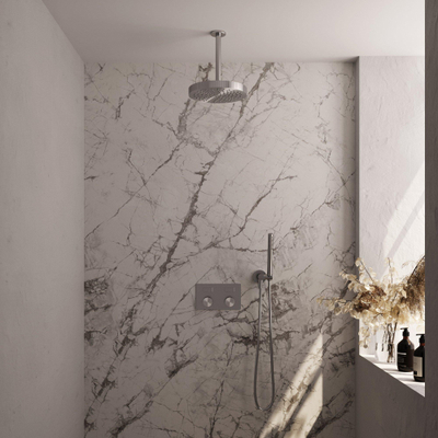 BRAUER Stripe Douche de tête thermostatique encastrée - boutons-poussoirs - SET 27 - pomme de douche 25cm - bras de plafond - douchette à main barre - flexible de douche - coude mural - couleur inox brossé PVD