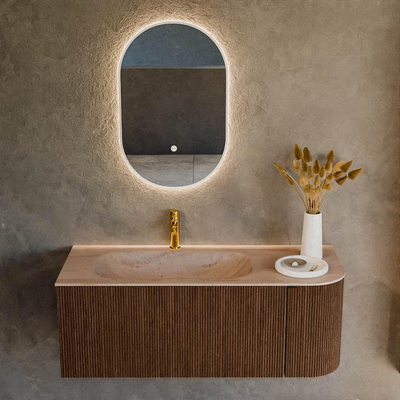 MONDIAZ KURVE-DLUX meuble de salle de bains 115cm arrondi à droite couleur Walnut avec 1 tiroir et 1 porte. Lavabo BIG SMALL à gauche 1 trou de robinet Saba.