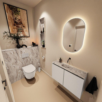 MONDIAZ TURE-DLUX Meuble toilette - 80cm - Linen - EDEN - vasque Glace - position centrale - sans trou de robinet