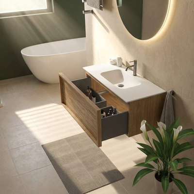 Saniclass Holz Frame Ensemble de meuble de salle de bains - 100x45x41.5cm - Flow lavabo en solid surface blanc - 1 vasque - 1 trou de robinetterie - 1 tiroir - chêne natural mat (bois)