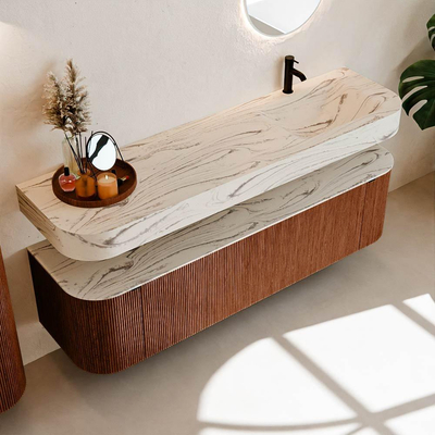 MONDIAZ THOR-DLUX Meuble de salle de bains 170cm arrondi gauche + droite couleur Ruby avec 1 tiroir et 2 portes. Vasque suspendue CLOUD Droite 1 trou de robinet couleur Nata.