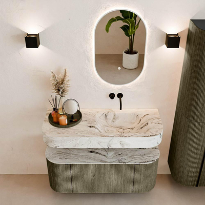 MONDIAZ THOR-DLUX Meuble de salle de bains - 110cm - arrondi gauche + droite - couleur Shadow - 1 tiroir et 2 portes - Vasque suspendue CLOUD droite sans trou de robinet - couleur Glace