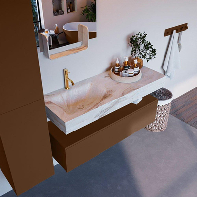 Mondiaz ALAN-DLUX Ensemble de meuble - 120cm - meuble Rust mat - 1 tiroir - Lavabo Cloud Frappe suspendu - vasque Gauche - 1 trou de robinet
