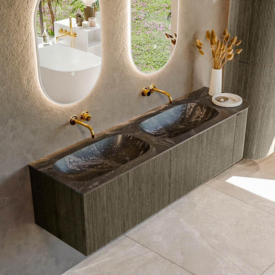 Mondiaz KURVE-DLUX Ensemble de meubles de salle de bains - 165x46x40cm - 2 tiroirs - 1 porte - vasque solid surface - double / gauche - sans trou de robinet - Shadow