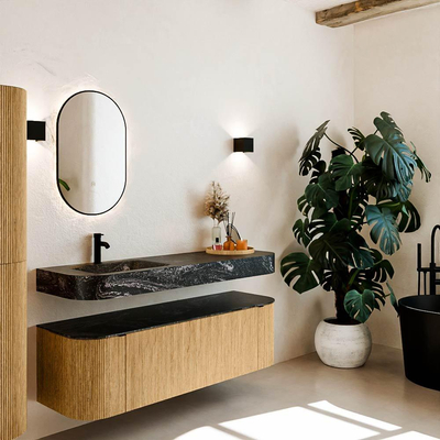 MONDIAZ THOR-DLUX 150cm meuble de salle de bains arrondi gauche + droite couleur Oak avec 1 tiroir et 2 portes. Vasque suspendue CLOUD gauche 1 trou de robinet couleur Lava.