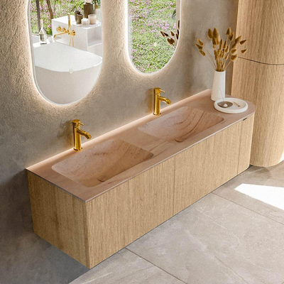 MONDIAZ KURVE-DLUX meuble de salle de bains 155cm arrondi à droite couleur chêne avec 2 tiroirs et 1 porte. Lavabo LEAF double / gauche 2 trous de robinet Saba.
