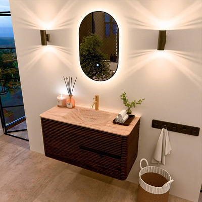 Mondiaz CIRO-DLUX Ensemble de meubles de salle de bains - 100x45x50cm - Plan vasque Solid surface Saba - 1 vasque au milieu - 1 trou de robinet - 2 tiroirs - Noyer
