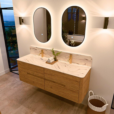 Mondiaz CIRO-DLUX Badkamermeubelset - 150x45x50cm - Solid surface wastafel Nata - 2 wasbak Dubbel - 2 kraangaten - 4 lades - Oak
