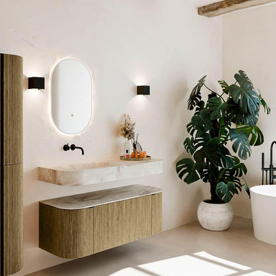 MONDIAZ THOR-DLUX 120cm meuble de salle de bains arrondi gauche + droite couleur Dusk avec 1 tiroir et 2 portes. Vasque suspendue CLOUD Gauche sans trou de robinet couleur Frappe.