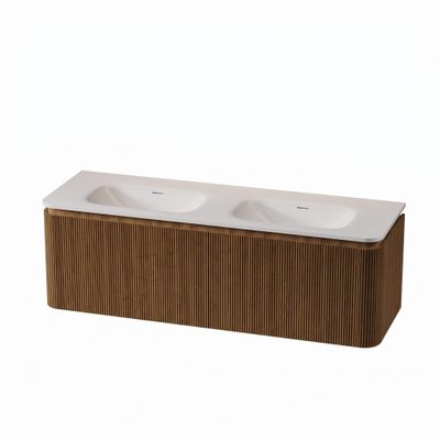 Royal Plaza Terra Edge Ensemble meuble de salle de bains - 140x44.7x46cm - vasque en solid surface blanc mat - 2 vasques - sans trous de robinet - 2 tiroirs - sandwood (chêne clair)