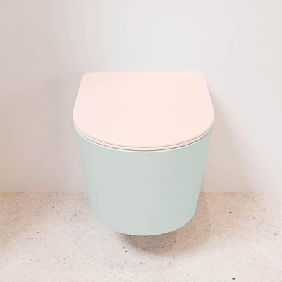 Mondiaz LAVIE hangtoilet – spoelrandloos – 36 x 53 cm – met softclose zitting – Greey (lichtgroen/grijs), zitting Rosee (roze)