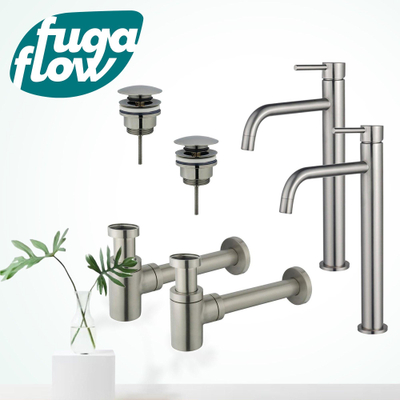 FugaFlow Eccelente Sobrado Badkamer Slim Wastafelkraanset - voor dubbele wastafel - verhoogde wastafelkraan - klikwaste plug - verlaagde design sifon - PVD Geborsteld RVS