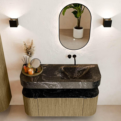 MONDIAZ THOR-DLUX Meuble de salle de bains - 120cm - arrondi gauche + droite - couleur Dusk - 1 tiroir - 2 portes - Vasque suspendue CLOUD droite sans trou de robinet - couleur Lava