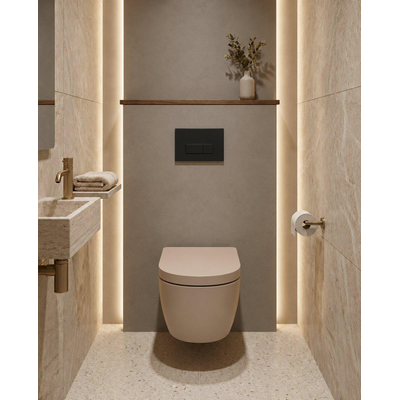 QeramiQ Dely Swirl Toiletset - 36.3x51.7cm - Geberit UP320 inbouwreservoir - met Burda frame - 35mm zitting - mat zwarte bedieningsplaat - rechthoekige knoppen - mat beige
