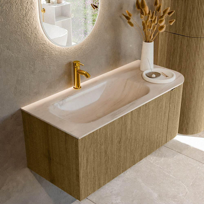 MONDIAZ KURVE-DLUX meuble de salle de bains 105cm courbe droite couleur Dusk avec 1 tiroir et 1 porte. Lavabo BIG SMALL gauche 1 trou de robinet Meli.