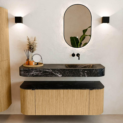 MONDIAZ THOR-DLUX 130cm meuble de salle de bains arrondi gauche + droite couleur Oak avec 1 tiroir et 2 portes. Vasque suspendue CLOUD droite sans trou de robinet couleur Lava.