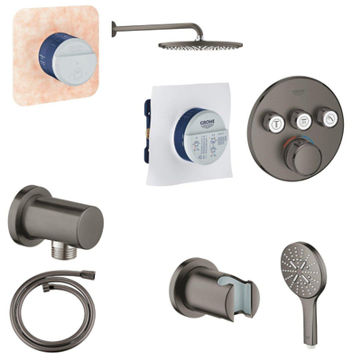 GROHE Grohtherm SmartControl Ensemble de douche pluie - robinet encastrable thermostatique - partie encastrable - pomme de douche - douchette - coude mural - support mural - flexible - hard graphite brossé