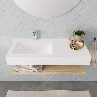 MONDIAZ ALAN 100cm - Ensemble meuble de salle de bains - tablette - chêne blanchi - lavabo suspendu - vasque à gauche - 1 trou de robinet - talc