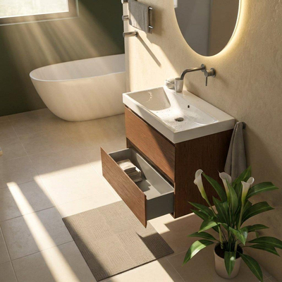 Saniclass Holz Pure Ensemble meuble de salle de bains - 80x45x67.5cm - Lavabo Wave en céramique - 1 vasque - sans trou de robinet - 2 tiroirs - walnut pure mat (bois)