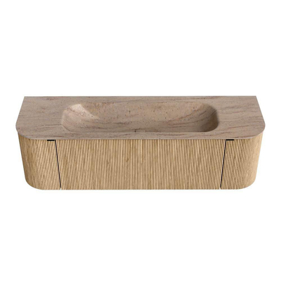 MONDIAZ KURVE-DLUX 150cm badmeubel ronding Links + Rechts kleur Oak met 1 lade en 2 deuren. Wastafel BIG MEDIUM Midden 1 kraangat Saba.
