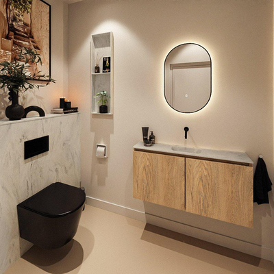 MONDIAZ TURE-DLUX Meuble toilette - 100cm - Washed Oak - EDEN - vasque Opalo - position centrale - sans trou de robinet